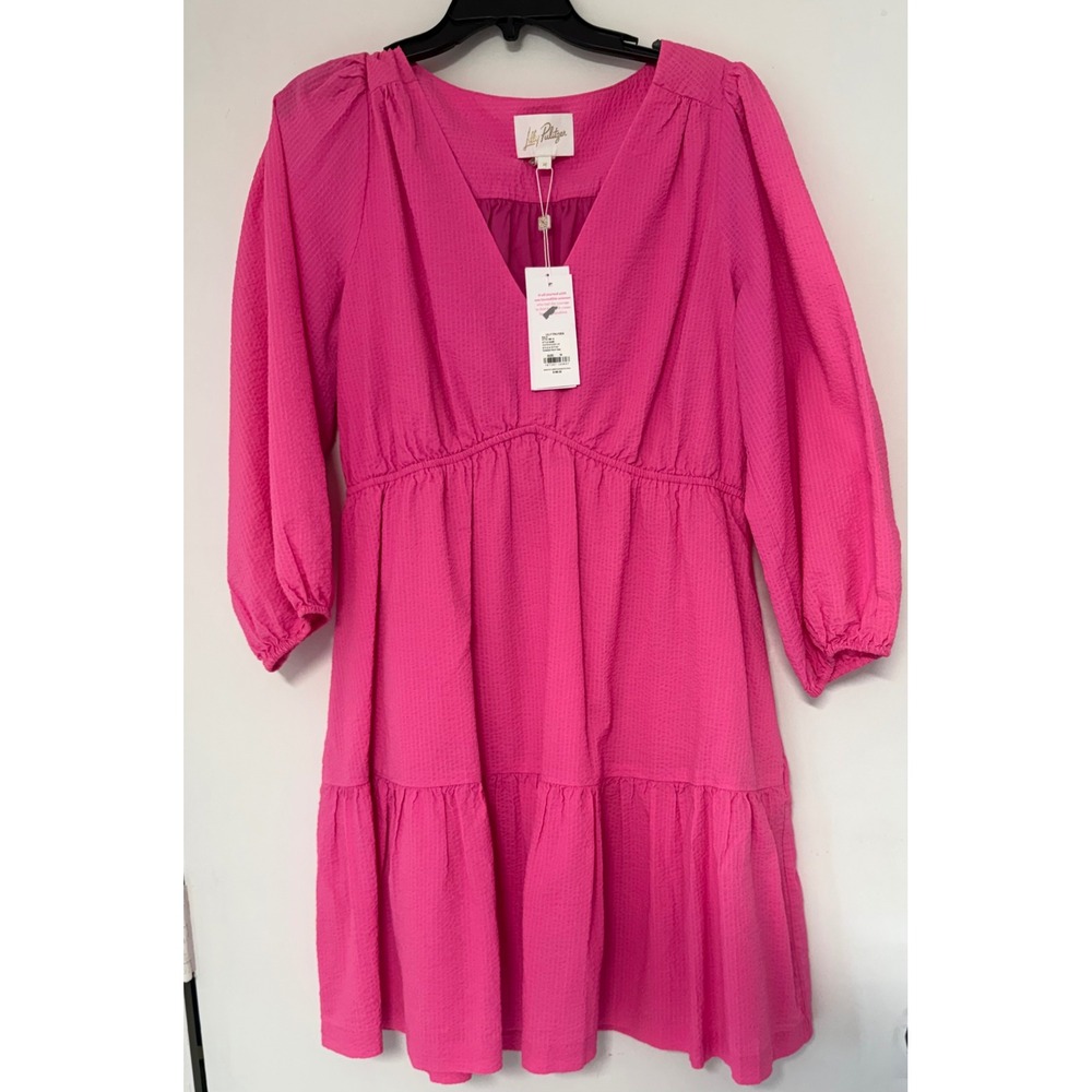 Lilly Pulitzer Pink Seersucker V-Neck Tiered Mini Dress Puff Sleeve Size 16NWT